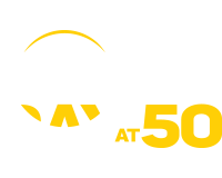 Earth Day 50, two-color white and maize vertical logo - University of Michigan